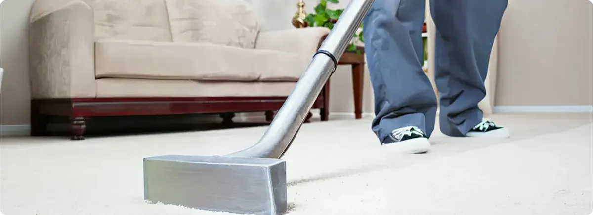 Carpet cleaning technician using a hot-water extraction wand on a light-colored carpet in a living room, Aurora, CO.
